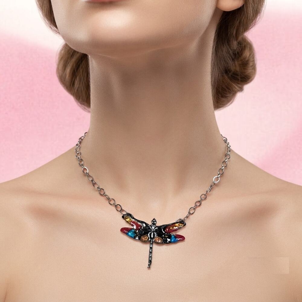 Starfire 925 Sterling Silver Enamel Dragonfly Necklace 18" Y2K Whimsigoth